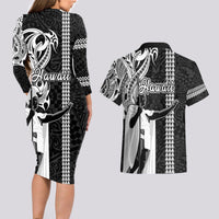Hawaii Molokai Island Couples Matching Long Sleeve Bodycon Dress and Hawaiian Shirt Hawaiian King and Kakau Symbols Abstract Shoulder Tattoo LT03 - Polynesian Pride