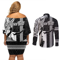 Custom Hawaii Molokai Island Couples Matching Off Shoulder Short Dress and Long Sleeve Button Shirts Hawaiian King and Kakau Symbols Abstract Shoulder Tattoo LT03 - Polynesian Pride