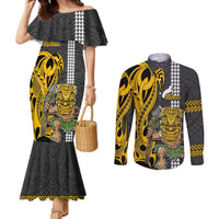 Custom Hawaii Niihau Island Couples Matching Mermaid Dress and Long Sleeve Button Shirts Hawaiian Warrior and Kakau Symbols Abstract Tattoo LT03 Yellow - Polynesian Pride