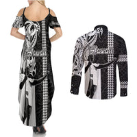 Hawaii Niihau Island Couples Matching Summer Maxi Dress and Long Sleeve Button Shirts Hawaiian King and Kakau Symbols Abstract Shoulder Tattoo LT03 - Polynesian Pride