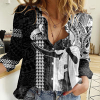 Hawaii Niihau Island Women Casual Shirt Hawaiian King and Kakau Symbols Abstract Shoulder Tattoo LT03 Female Black - Polynesian Pride