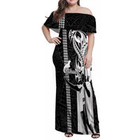 Custom Hawaii Niihau Island Family Matching Off Shoulder Maxi Dress and Hawaiian Shirt Hawaiian King and Kakau Symbols Abstract Shoulder Tattoo LT03 Mom's Dress Black - Polynesian Pride