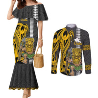 Custom Hawaii Oahu Island Couples Matching Mermaid Dress and Long Sleeve Button Shirts Hawaiian Warrior and Kakau Symbols Abstract Tattoo LT03 Yellow - Polynesian Pride