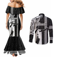 Hawaii Oahu Island Couples Matching Mermaid Dress and Long Sleeve Button Shirts Hawaiian King and Kakau Symbols Abstract Shoulder Tattoo LT03 - Polynesian Pride
