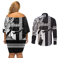 Hawaii Oahu Island Couples Matching Off Shoulder Short Dress and Long Sleeve Button Shirts Hawaiian King and Kakau Symbols Abstract Shoulder Tattoo LT03 - Polynesian Pride