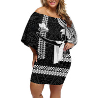 Custom Hawaii Oahu Island Off Shoulder Short Dress Hawaiian King and Kakau Symbols Abstract Shoulder Tattoo LT03 Women Black - Polynesian Pride