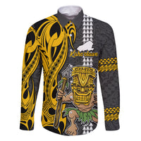Hawaii Kahoolawe Island Family Matching Tank Maxi Dress and Hawaiian Shirt Hawaiian Warrior and Kakau Symbols Abstract Tattoo LT03 Dad's Shirt - Long Sleeve Yellow - Polynesian Pride