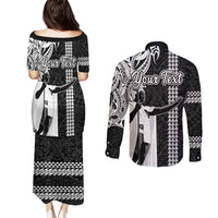Custom Hawaii Kahoolawe Island Couples Matching Puletasi Dress and Long Sleeve Button Shirts Hawaiian King and Kakau Symbols Abstract Shoulder Tattoo LT03 - Polynesian Pride
