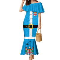 Fiji Merry Christmas Family Matching Mermaid Dress and Hawaiian Shirt Santa Suit Style With Tapa Tribal Pattern LT03 Mom's Dress Blue - Polynesian Pride