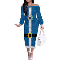 Samoa Merry Christmas Family Matching Off The Shoulder Long Sleeve Dress and Hawaiian Shirt Santa Suit Style With Tatau Tattoo Pattern LT03 Mom's Dress Blue - Polynesian Pride