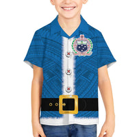 Samoa Merry Christmas Family Matching Off The Shoulder Long Sleeve Dress and Hawaiian Shirt Santa Suit Style With Tatau Tattoo Pattern LT03 Son's Shirt Blue - Polynesian Pride