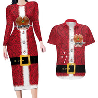 Papua New Guinea Merry Christmas Couples Matching Long Sleeve Bodycon Dress and Hawaiian Shirt Santa Suit Style With Melanesian Pattern LT03 Red - Polynesian Pride