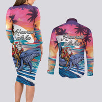 Hawaiian Mele Kalikimaka Couples Matching Long Sleeve Bodycon Dress and Long Sleeve Button Shirt Santa Claus Driving The Whale with Sunset Ocean Landscape LT03 - Polynesian Pride
