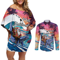 Hawaiian Mele Kalikimaka Couples Matching Off Shoulder Short Dress and Long Sleeve Button Shirt Santa Claus Driving The Whale with Sunset Ocean Landscape LT03 Blue - Polynesian Pride