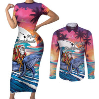 Hawaiian Mele Kalikimaka Couples Matching Short Sleeve Bodycon Dress and Long Sleeve Button Shirt Santa Claus Driving The Whale with Sunset Ocean Landscape LT03 Blue - Polynesian Pride