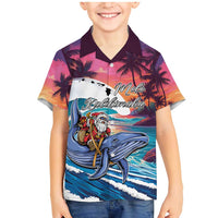 Hawaiian Mele Kalikimaka Family Matching Mermaid Dress and Hawaiian Shirt Santa Claus Driving The Whale with Sunset Ocean Landscape LT03 Son's Shirt Blue - Polynesian Pride