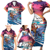 Hawaiian Mele Kalikimaka Family Matching Short Sleeve Bodycon Dress and Hawaiian Shirt Santa Claus Driving The Whale with Sunset Ocean Landscape LT03 - Polynesian Pride