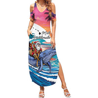Hawaiian Mele Kalikimaka Family Matching Summer Maxi Dress and Hawaiian Shirt Santa Claus Driving The Whale with Sunset Ocean Landscape LT03 Mom's Dress Blue - Polynesian Pride
