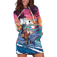 Hawaiian Mele Kalikimaka Hoodie Dress Santa Claus Driving The Whale with Sunset Ocean Landscape LT03 Blue - Polynesian Pride