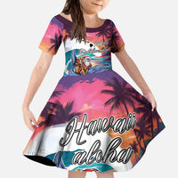 Hawaiian Mele Kalikimaka Kid Short Sleeve Dress Santa Claus Driving The Whale with Sunset Ocean Landscape LT03 KID Blue - Polynesian Pride