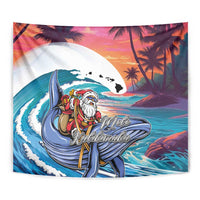 Hawaiian Mele Kalikimaka Tapestry Santa Claus Driving The Whale with Sunset Ocean Landscape