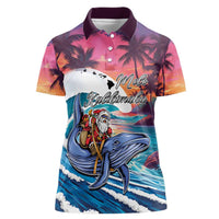 Hawaiian Mele Kalikimaka Women Polo Shirt Santa Claus Driving The Whale with Sunset Ocean Landscape LT03 Female Blue - Polynesian Pride