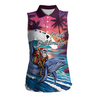 Hawaiian Mele Kalikimaka Women Sleeveless Polo Shirt Santa Claus Driving The Whale with Sunset Ocean Landscape LT03 Female Blue - Polynesian Pride