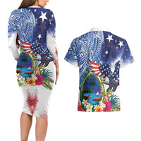 Guam and United States Together Couples Matching Long Sleeve Bodycon Dress and Hawaiian Shirt Bald Eagle and Guam Seal with Flower and Tribal Tattoos LT03 - Polynesian Pride
