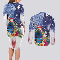 Guam and United States Together Couples Matching Long Sleeve Bodycon Dress and Long Sleeve Button Shirt Bald Eagle and Guam Seal with Flower and Tribal Tattoos LT03 - Polynesian Pride