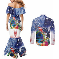 Guam and United States Together Couples Matching Mermaid Dress and Long Sleeve Button Shirt Bald Eagle and Guam Seal with Flower and Tribal Tattoos LT03 - Polynesian Pride
