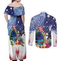 Guam and United States Together Couples Matching Off Shoulder Maxi Dress and Long Sleeve Button Shirt Bald Eagle and Guam Seal with Flower and Tribal Tattoos LT03 - Polynesian Pride