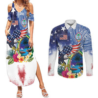Guam and United States Together Couples Matching Summer Maxi Dress and Long Sleeve Button Shirt Bald Eagle and Guam Seal with Flower and Tribal Tattoos LT03 Multicolor - Polynesian Pride