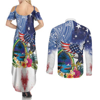 Guam and United States Together Couples Matching Summer Maxi Dress and Long Sleeve Button Shirt Bald Eagle and Guam Seal with Flower and Tribal Tattoos LT03 - Polynesian Pride