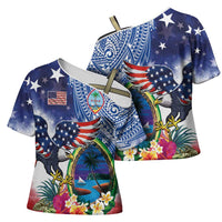 Guam and United States Together Cross Shoulder Shirt Bald Eagle and Guam Seal with Flower and Tribal Tattoos LT03 - Polynesian Pride