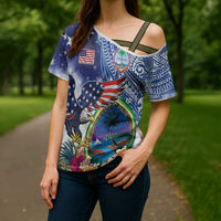 Guam and United States Together Cross Shoulder Shirt Bald Eagle and Guam Seal with Flower and Tribal Tattoos LT03 - Polynesian Pride