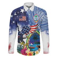 Guam and United States Together Family Matching Off Shoulder Short Dress and Hawaiian Shirt Bald Eagle and Guam Seal with Flower and Tribal Tattoos LT03 Dad's Shirt - Long Sleeve Multicolor - Polynesian Pride