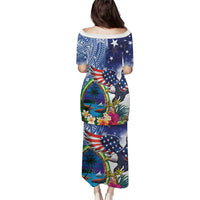 Guam and United States Together Family Matching Puletasi and Hawaiian Shirt Bald Eagle and Guam Seal with Flower and Tribal Tattoos LT03 - Polynesian Pride