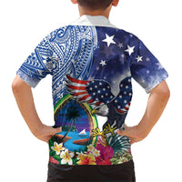 Guam and United States Together Family Matching Short Sleeve Bodycon Dress and Hawaiian Shirt Bald Eagle and Guam Seal with Flower and Tribal Tattoos LT03 - Polynesian Pride