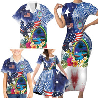 Guam and United States Together Family Matching Short Sleeve Bodycon Dress and Hawaiian Shirt Bald Eagle and Guam Seal with Flower and Tribal Tattoos LT03 - Polynesian Pride