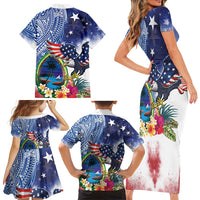 Guam and United States Together Family Matching Short Sleeve Bodycon Dress and Hawaiian Shirt Bald Eagle and Guam Seal with Flower and Tribal Tattoos LT03 - Polynesian Pride