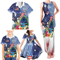 Guam and United States Together Family Matching Tank Maxi Dress and Hawaiian Shirt Bald Eagle and Guam Seal with Flower and Tribal Tattoos LT03 - Polynesian Pride