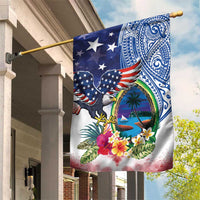 Guam and United States Together Garden Flag Bald Eagle and Guam Seal with Flower and Tribal Tattoos LT03 House Flag Multicolor - Polynesian Pride