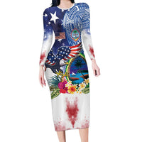 Guam and United States Together Long Sleeve Bodycon Dress Bald Eagle and Guam Seal with Flower and Tribal Tattoos LT03 Long Dress Multicolor - Polynesian Pride