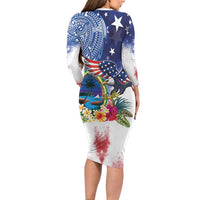 Guam and United States Together Long Sleeve Bodycon Dress Bald Eagle and Guam Seal with Flower and Tribal Tattoos LT03 - Polynesian Pride