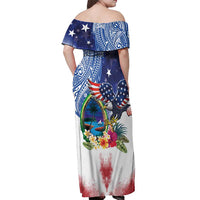 Guam and United States Together Off Shoulder Maxi Dress Bald Eagle and Guam Seal with Flower and Tribal Tattoos LT03 - Polynesian Pride