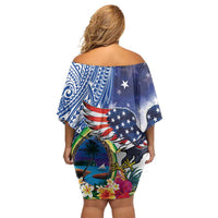 Guam and United States Together Off Shoulder Short Dress Bald Eagle and Guam Seal with Flower and Tribal Tattoos LT03 - Polynesian Pride