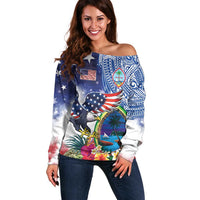 Guam and United States Together Off Shoulder Sweater Bald Eagle and Guam Seal with Flower and Tribal Tattoos LT03 Women Multicolor - Polynesian Pride