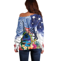 Guam and United States Together Off Shoulder Sweater Bald Eagle and Guam Seal with Flower and Tribal Tattoos LT03 - Polynesian Pride