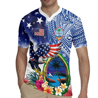 Guam and United States Together Rugby Jersey Bald Eagle and Guam Seal with Flower and Tribal Tattoos - Polynesian Pride