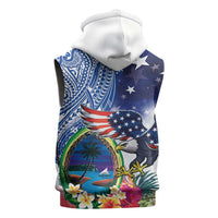 Guam and United States Together Sleeveless Hoodie Bald Eagle and Guam Seal with Flower and Tribal Tattoos LT03 - Polynesian Pride